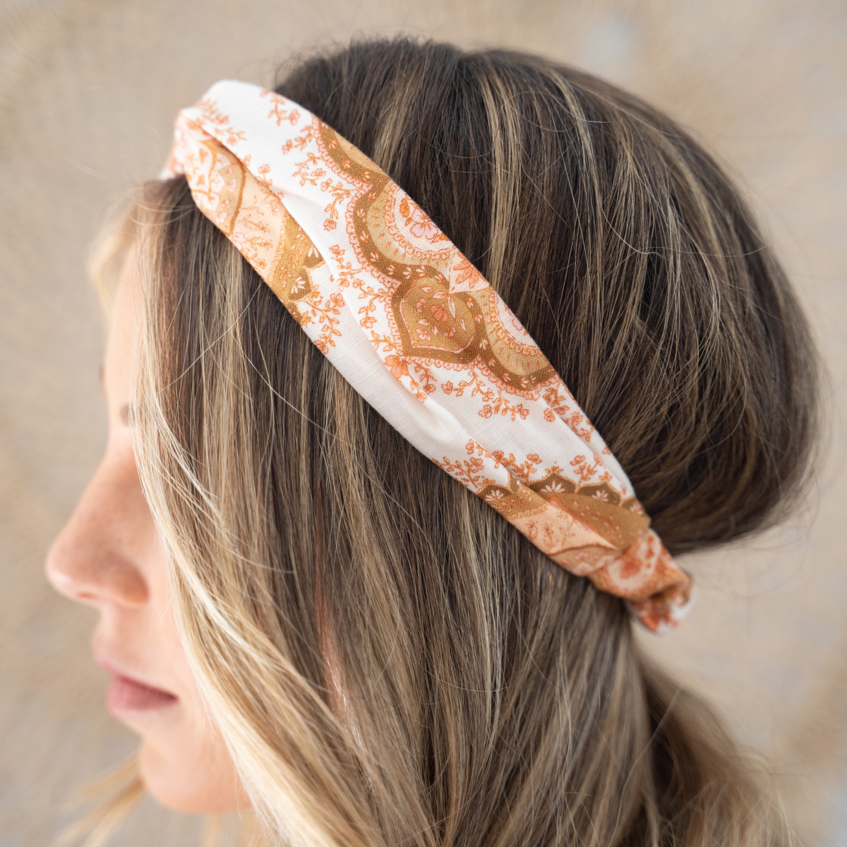 Linen Headband - Beige Print