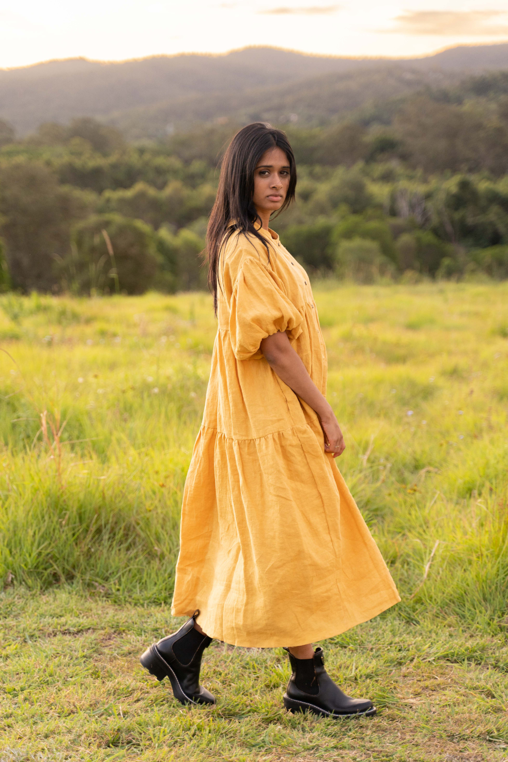 The Sirima Dress ~ Turmeric (Mid-weight Linen)